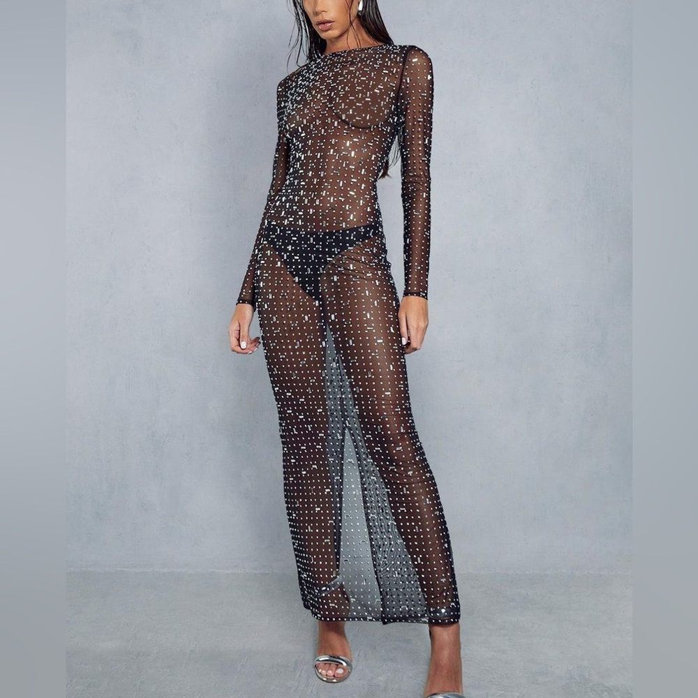 Embellished Sheer Long Sleeve Maxi Dress